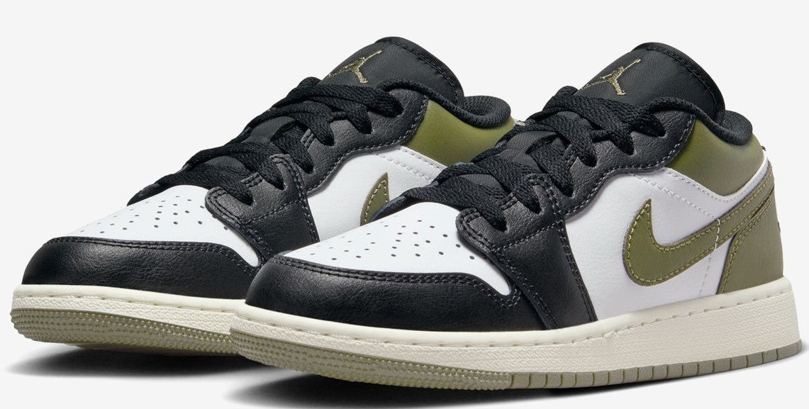 Big Kid's Jordan 1 Low Black/White-Medium Olive (553560 092)