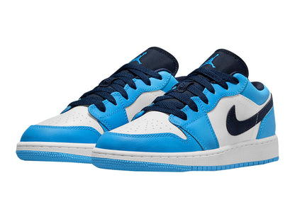 Big Kid's Jordan 1 Low "UNC" White/Dk Powder Blue-Obsidian (553560 144)