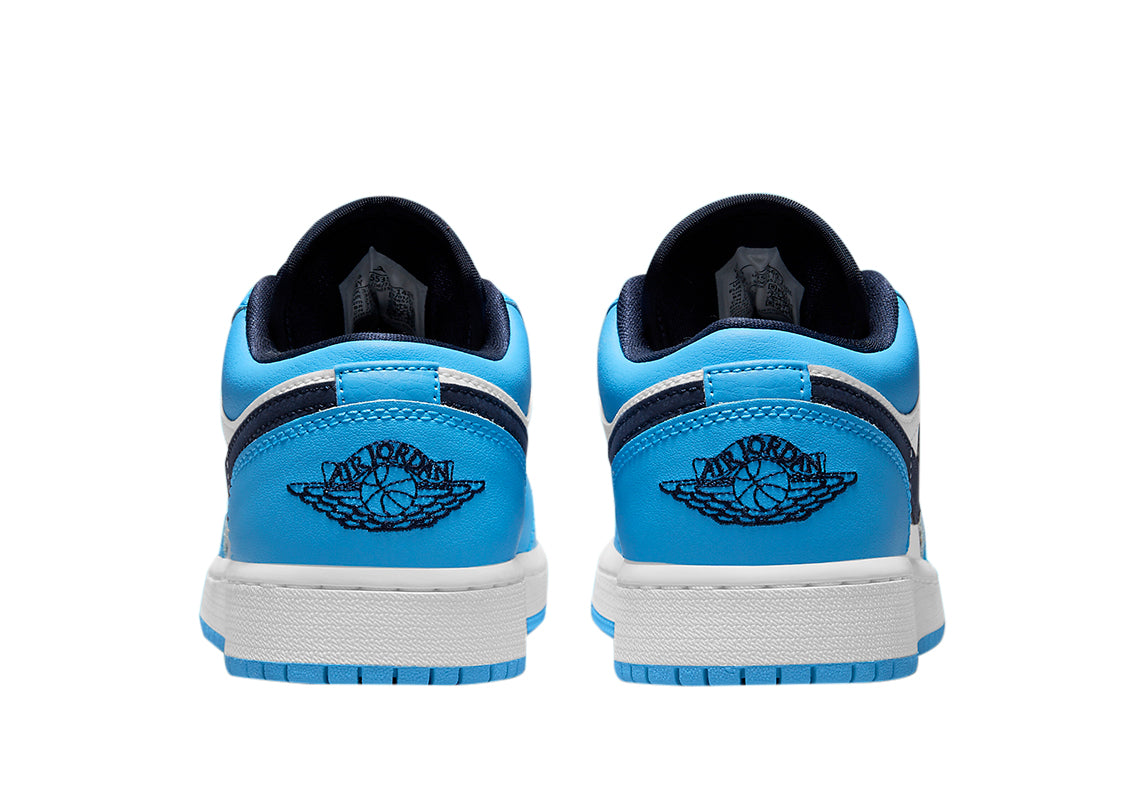 Big Kid's Jordan 1 Low "UNC" White/Dk Powder Blue-Obsidian (553560 144)